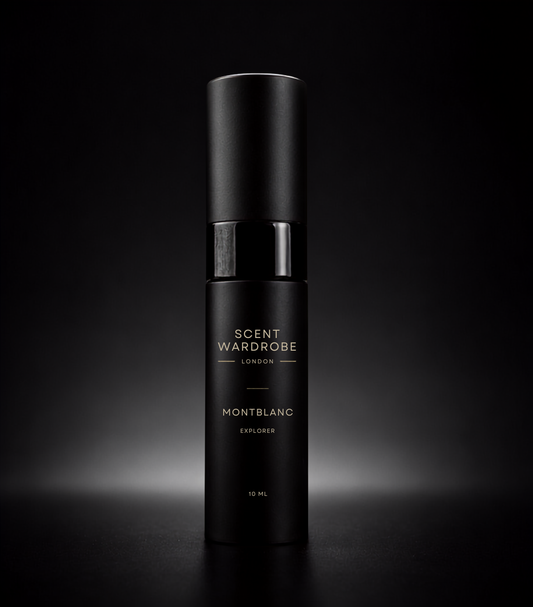 Matte black Scent Wardrobe 10ml atomiser containing Montblanc Explorer Eau de Parfum, photographed against a dark studio background.
