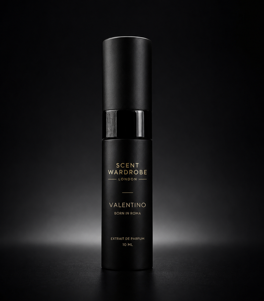 Matte black Scent Wardrobe 10ml atomiser containing Valentino Born in Roma Uomo Intense Eau de Parfum, photographed against a dark studio background.