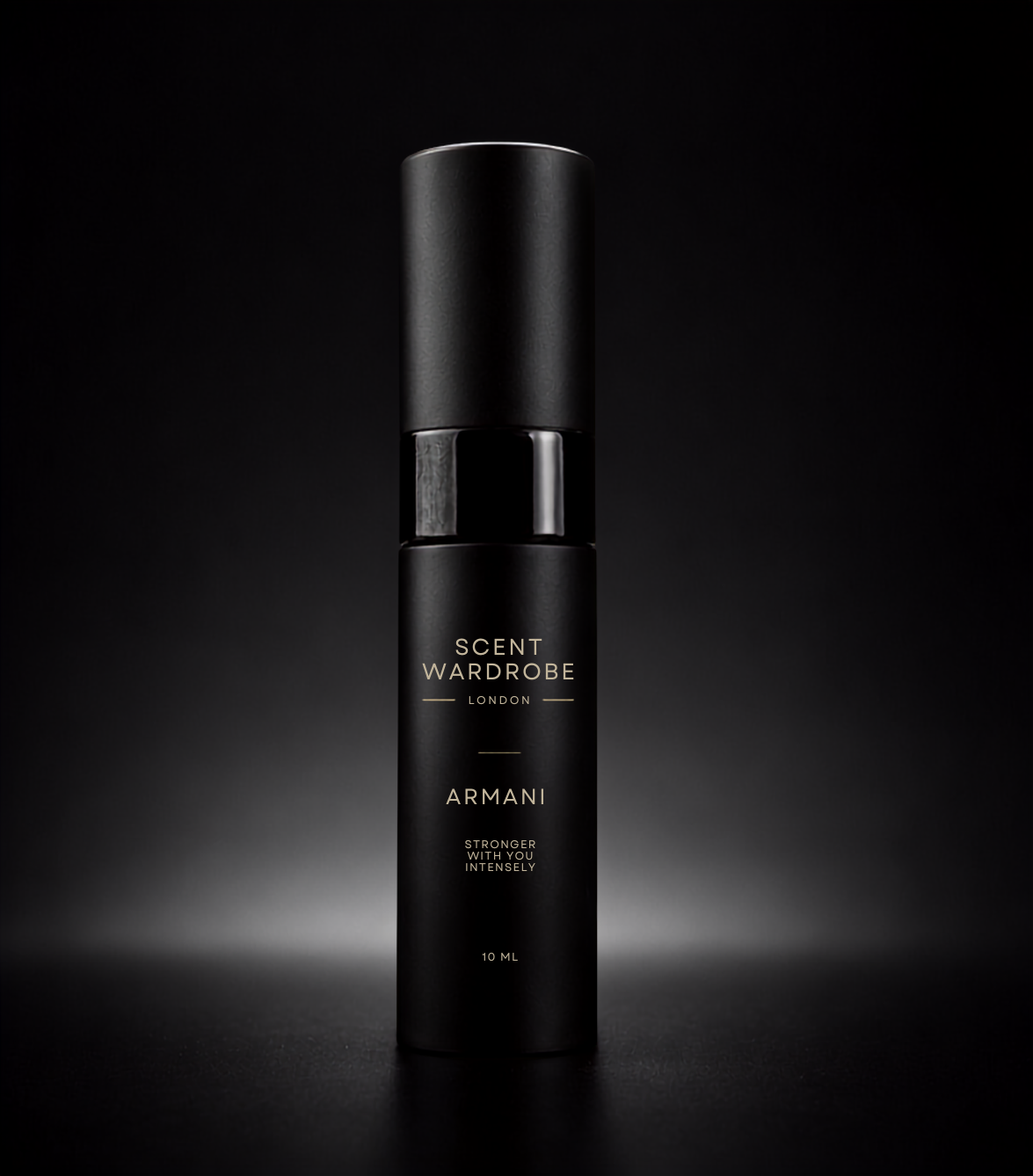 Matte black Scent Wardrobe 10ml atomiser containing Emporio Armani Stronger With You Intensely Eau de Parfum, photographed against a dark studio background.