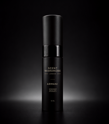 Matte black Scent Wardrobe 10ml atomiser containing Emporio Armani Stronger With You Intensely Eau de Parfum, photographed against a dark studio background.