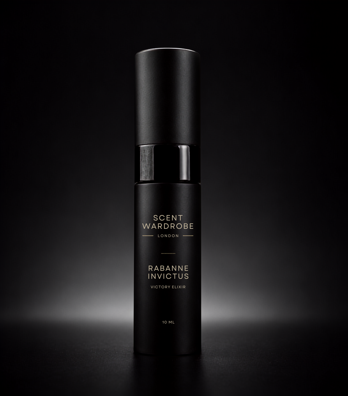Matte black Scent Wardrobe 10ml atomiser containing Rabanne Invictus Victory Elixir Parfum Intense, photographed against a dark studio background.