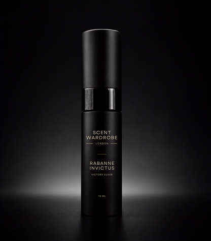 Matte black Scent Wardrobe 10ml atomiser containing Rabanne Invictus Victory Elixir Parfum Intense, photographed against a dark studio background.
