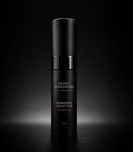 Matte black Scent Wardrobe 10ml atomiser containing Rabanne Invictus Victory Elixir Parfum Intense, photographed against a dark studio background.