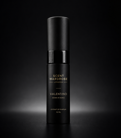 Matte black Scent Wardrobe 10ml atomiser containing Valentino Born in Roma Uomo Intense Eau de Parfum, photographed against a dark studio background.