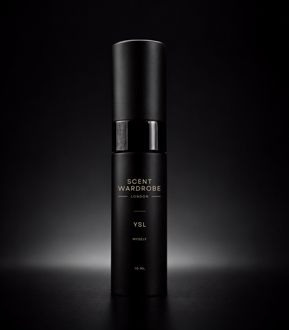 Matte black Scent Wardrobe 10ml atomiser containing Yves Saint Laurent MYSLF Eau de Parfum, photographed against a dark studio background.